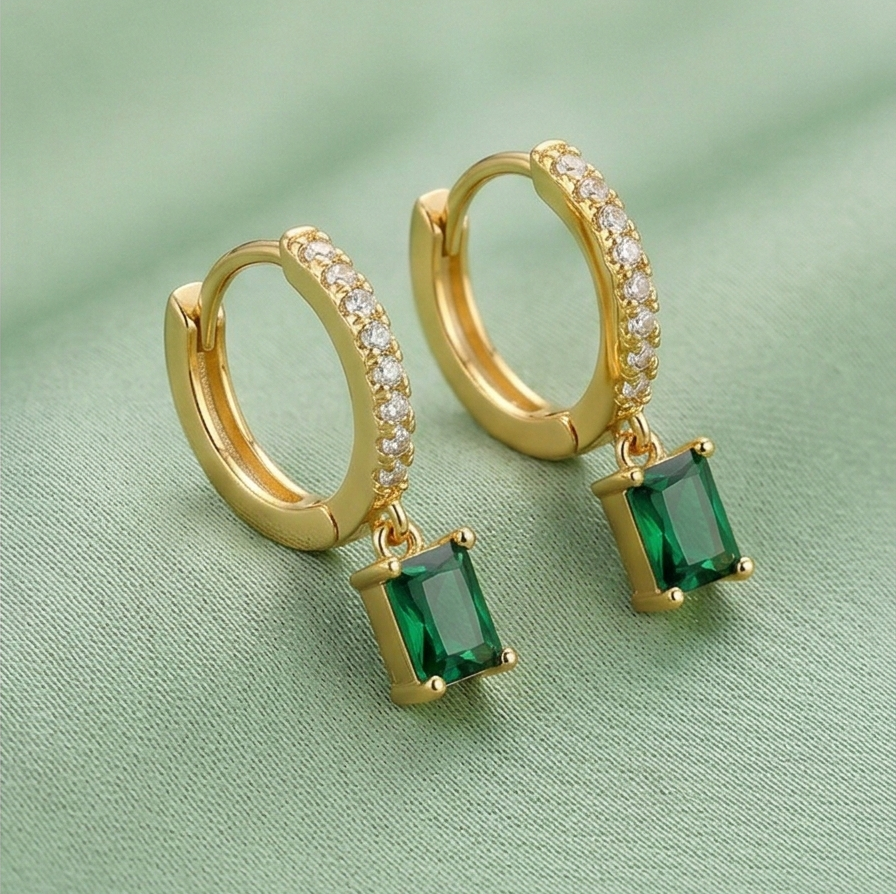 LUXE 925 Sterling Silver Gold Plated Green Rectangle Drop Hoop Earrings Fine Classic Jewellery