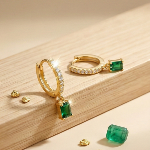 LUXE 925 Sterling Silver Gold Plated Green Rectangle Drop Hoop Earrings Fine Classic Jewellery