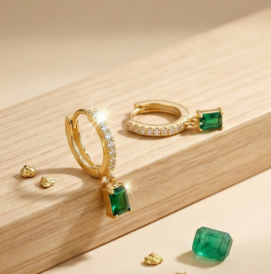 LUXE 925 Sterling Silver Gold Plated Green Rectangle Drop Hoop Earrings Fine Classic Jewellery