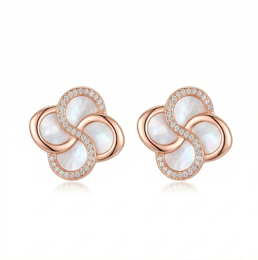 LUXE 925 Sterling Silver Rose Gold Plated Floral Mother of Pearl Inlay Stud Earrings Fine Romantic Jewellery