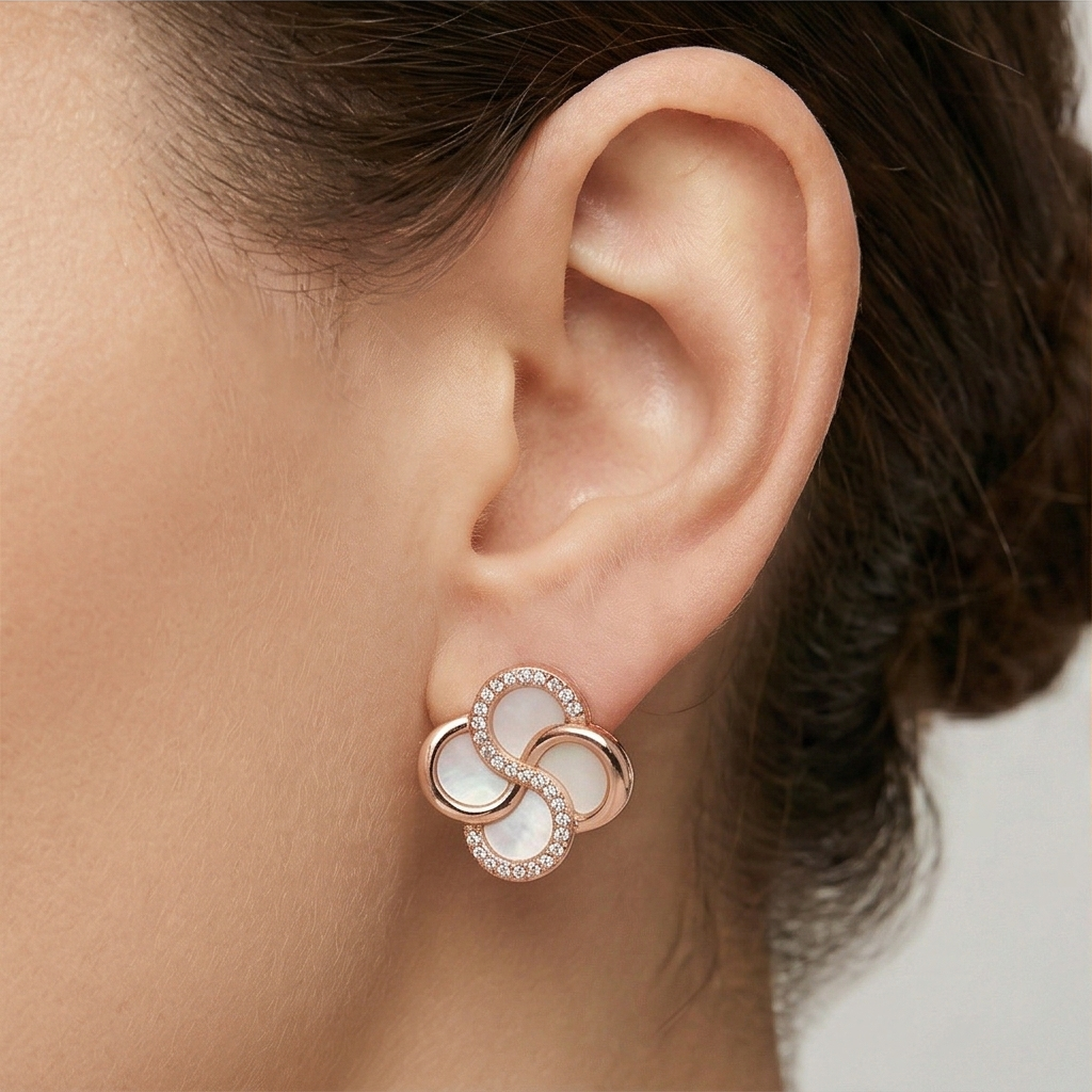 LUXE 925 Sterling Silver Rose Gold Plated Floral Mother of Pearl Inlay Stud Earrings Fine Romantic Jewellery