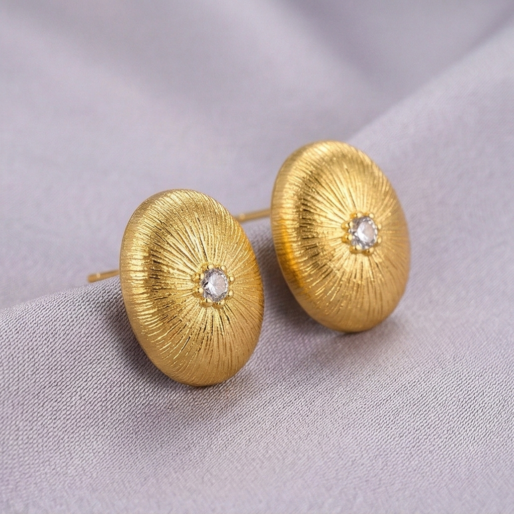LUXE 925 Sterling Silver Gold Plated Sunburst Textured Oval Stud Earrings Vintage Style Jewellery