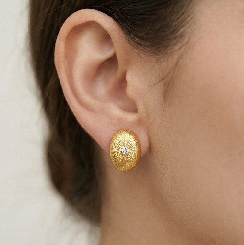 LUXE 925 Sterling Silver Gold Plated Sunburst Textured Oval Stud Earrings Vintage Style Jewellery