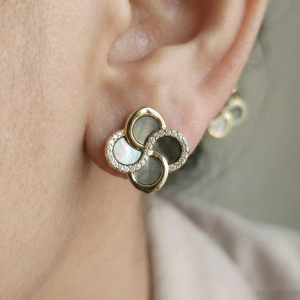 LUXE 925 Sterling Silver Gold Plated Floral Dark Inlay Stud Earrings Elegant Evening Jewellery