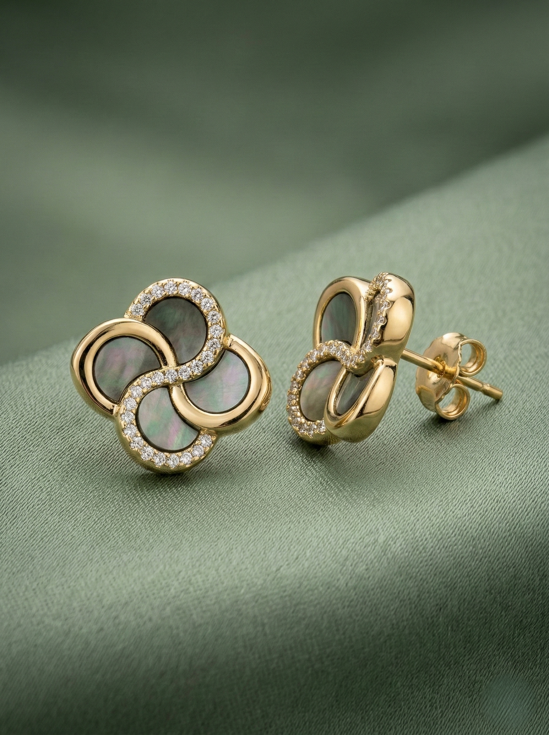 LUXE 925 Sterling Silver Gold Plated Floral Dark Inlay Stud Earrings Elegant Evening Jewellery