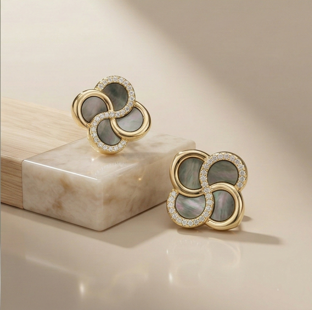 LUXE 925 Sterling Silver Gold Plated Floral Dark Inlay Stud Earrings Elegant Evening Jewellery