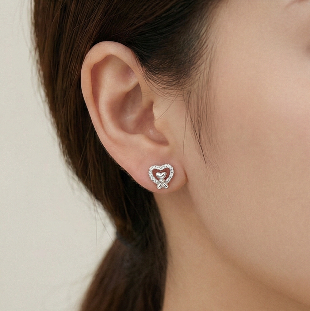 925 Sterling Silver Heart Bow Stud Earrings Jewellery for Women & Girls