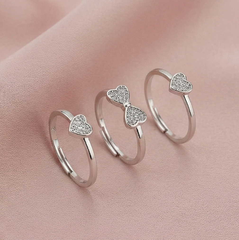 925 Sterling Silver Pave Heart Rings for Women and Girls, Adjustable Rhodium Plated Jewellery Set of 3