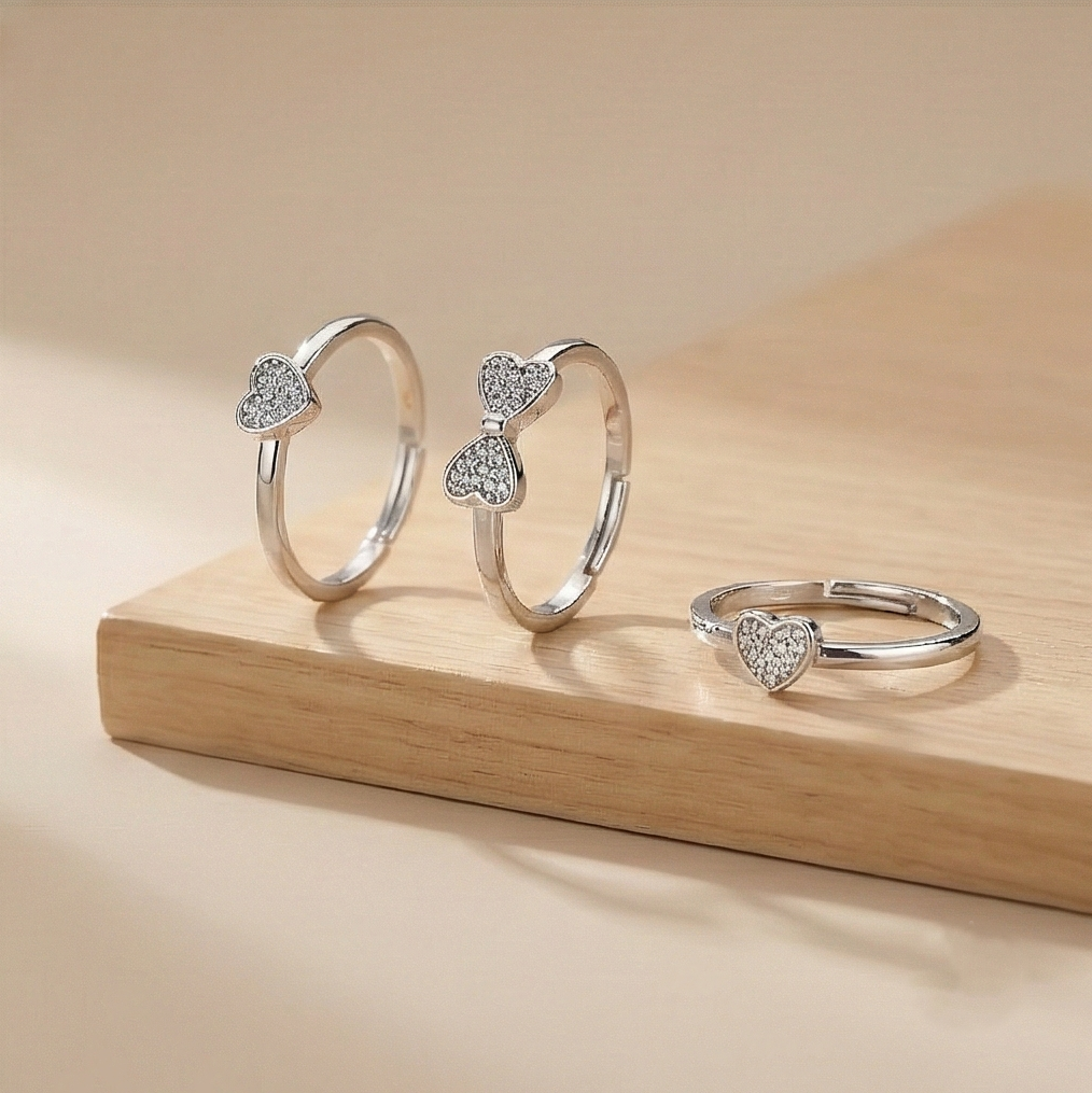 925 Sterling Silver Pave Heart Rings for Women and Girls, Adjustable Rhodium Plated Jewellery Set of 3