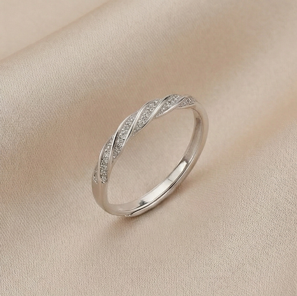 925 Sterling Silver Twist Band Ring Adjustable Pave Setting Minimalist Jewellery