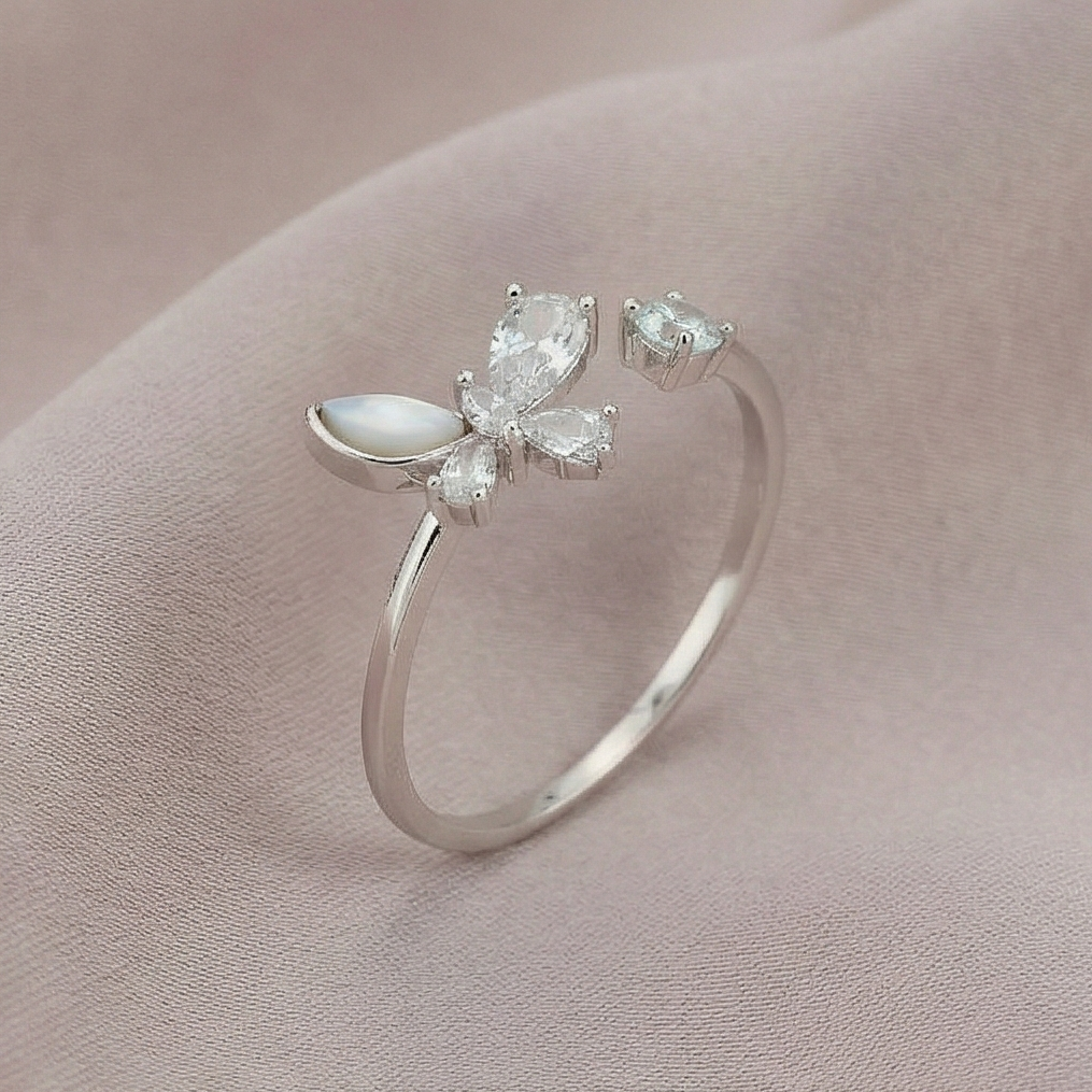 925 Sterling Silver Butterfly Open Ring Adjustable Crystal & Pearlescent Jewellery
