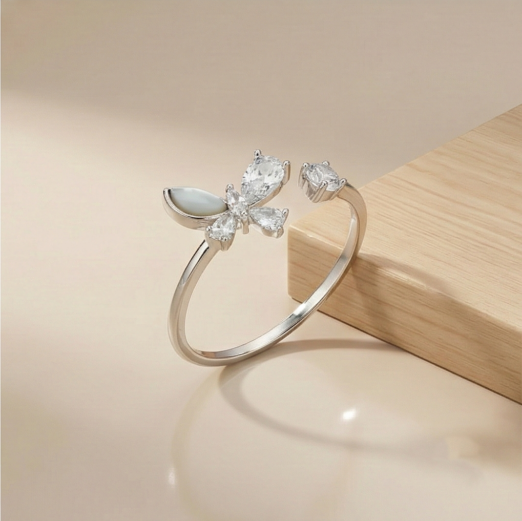 925 Sterling Silver Butterfly Open Ring Adjustable Crystal & Pearlescent Jewellery