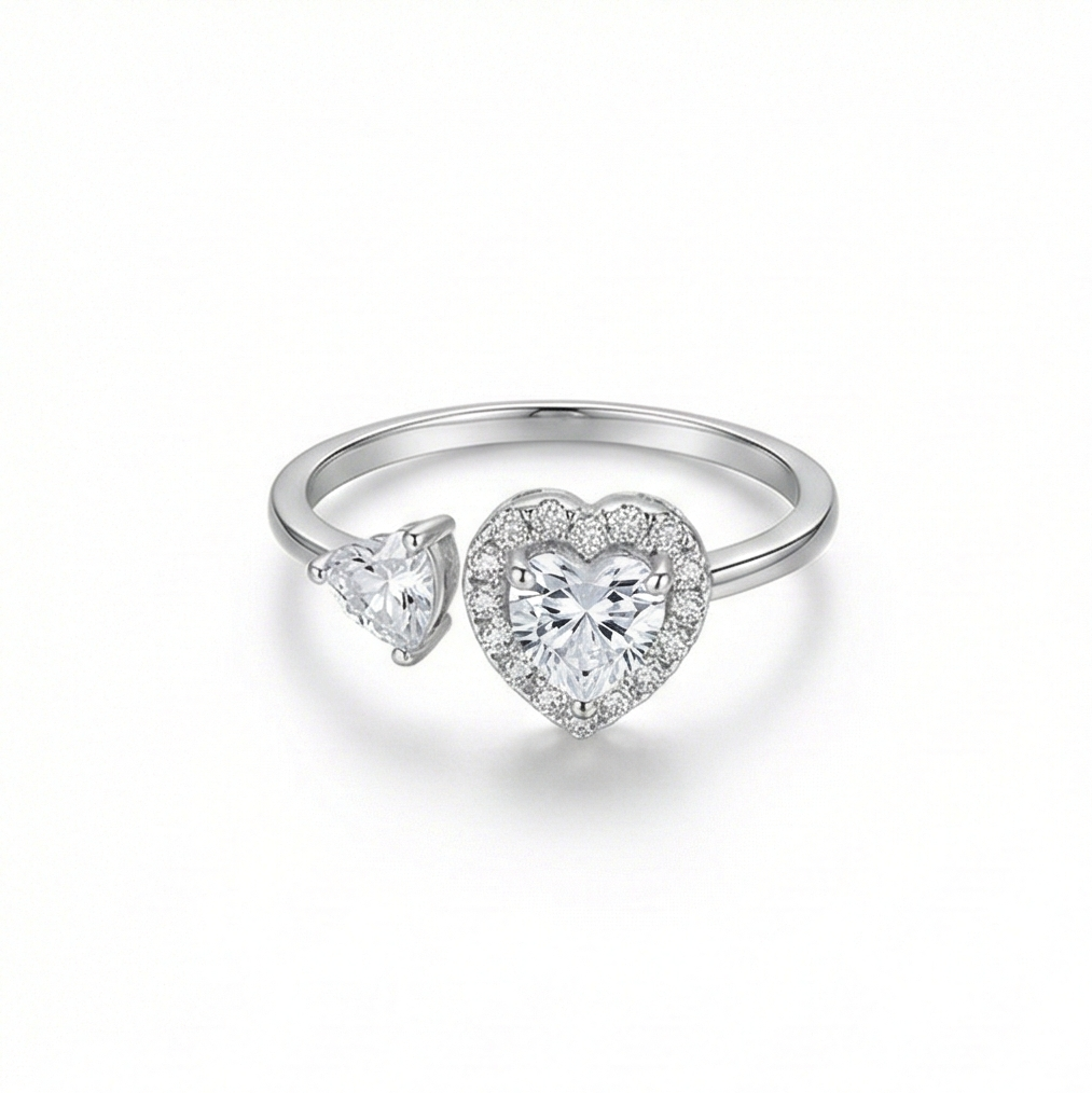 925 Sterling Silver Double Heart Open Ring Adjustable Halo Toi Et Moi Jewellery
