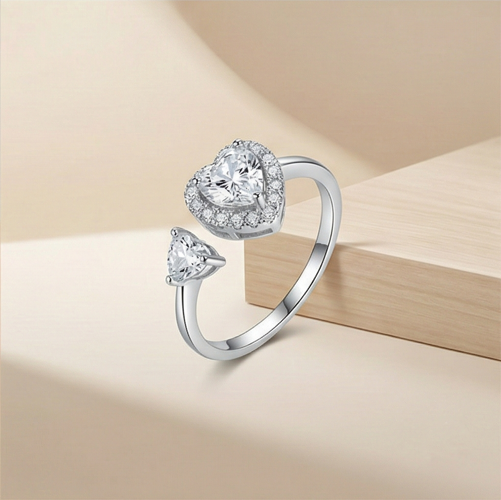 925 Sterling Silver Double Heart Open Ring Adjustable Halo Toi Et Moi Jewellery