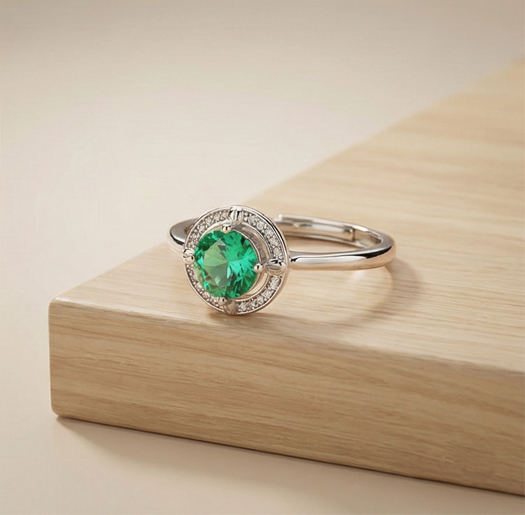 925 Sterling Silver Round Green Stone Halo Ring Adjustable High Polish Jewellery