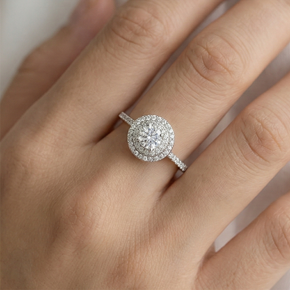 925 Sterling Silver Double Halo Solitaire Ring Adjustable Pave Band Engagement Jewellery