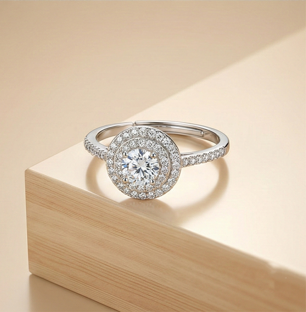 925 Sterling Silver Double Halo Solitaire Ring Adjustable Pave Band Engagement Jewellery
