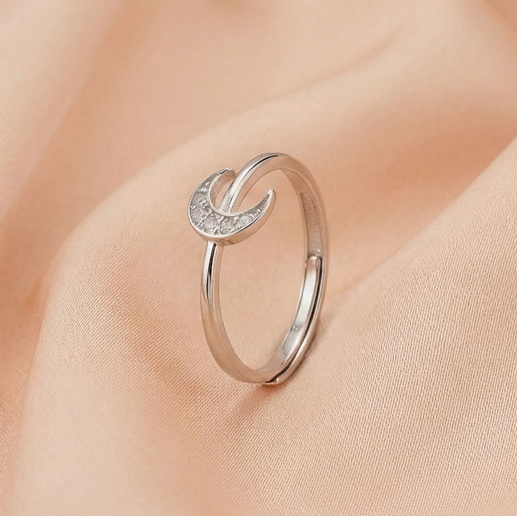 925 Sterling Silver Celestial Crescent Moon Ring for Women, Adjustable Trendy Jewellery