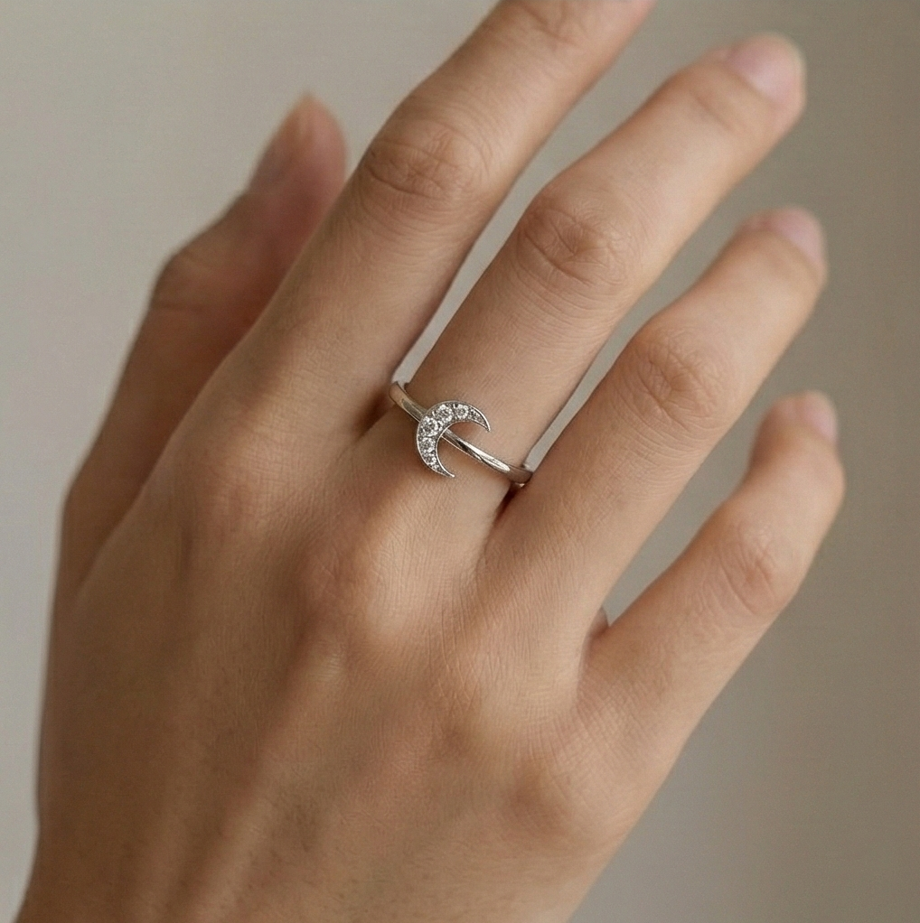 925 Sterling Silver Celestial Crescent Moon Ring for Women, Adjustable Trendy Jewellery