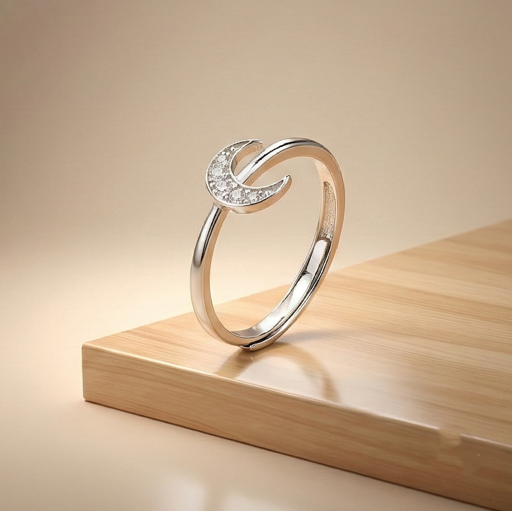 925 Sterling Silver Celestial Crescent Moon Ring for Women, Adjustable Trendy Jewellery