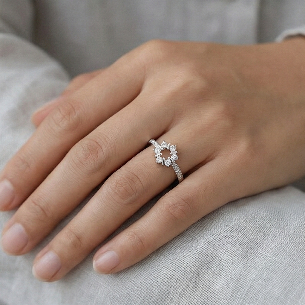 925 Sterling Silver Open Sunburst Halo Ring for Women, Adjustable Statement Jewellery
