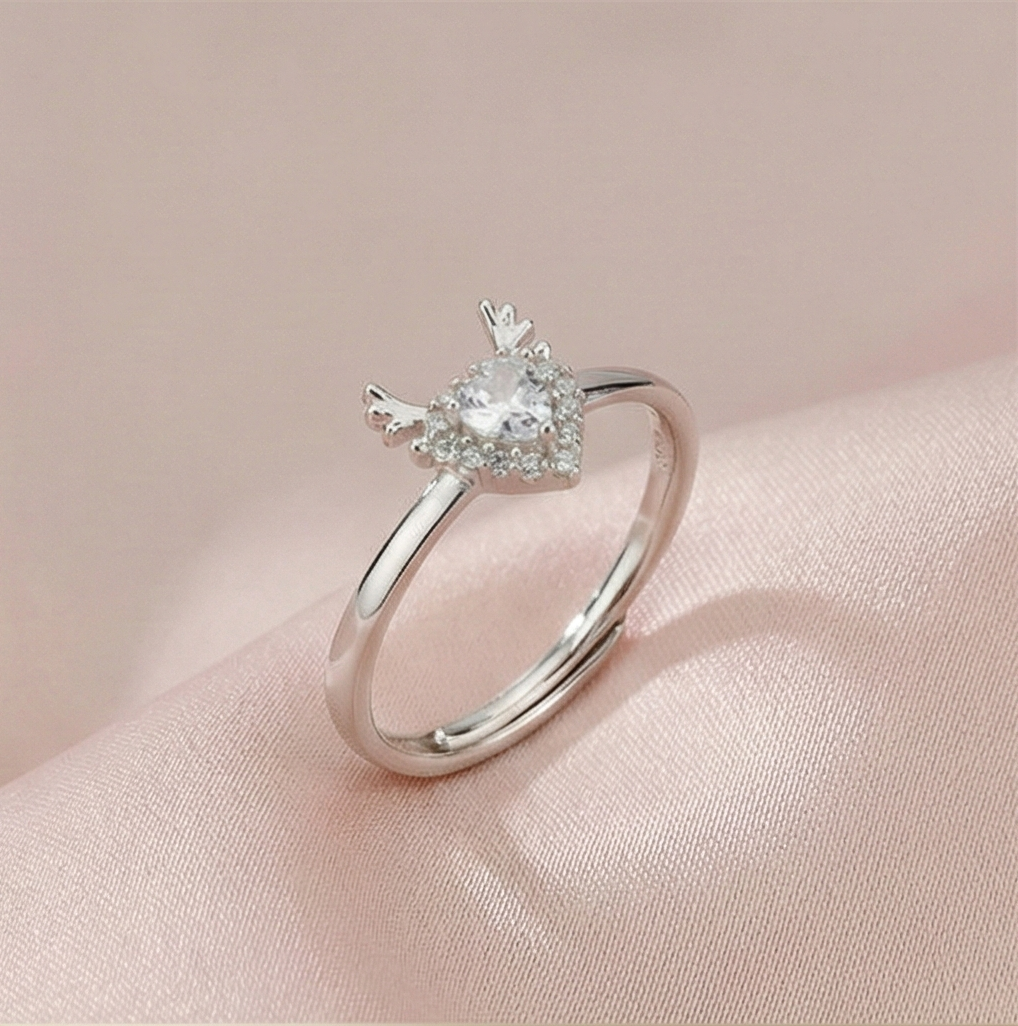 925 Sterling Silver Winged Heart Halo Adjustable Ring Jewellery for Women