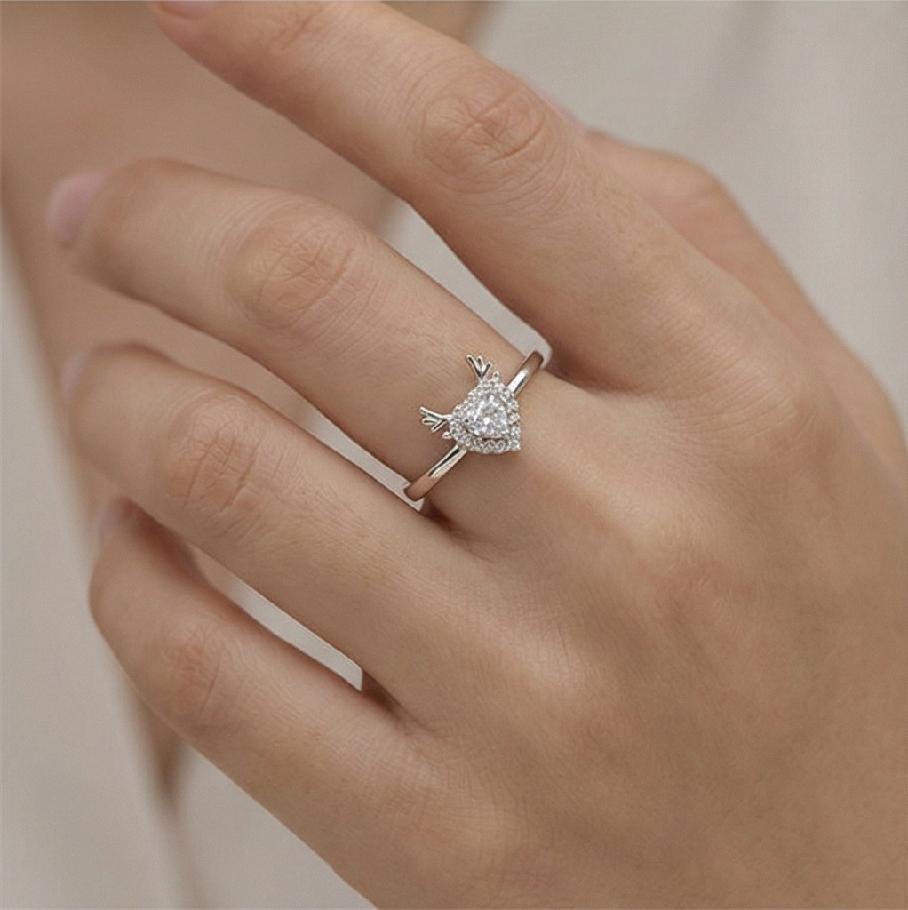 925 Sterling Silver Winged Heart Halo Adjustable Ring Jewellery for Women