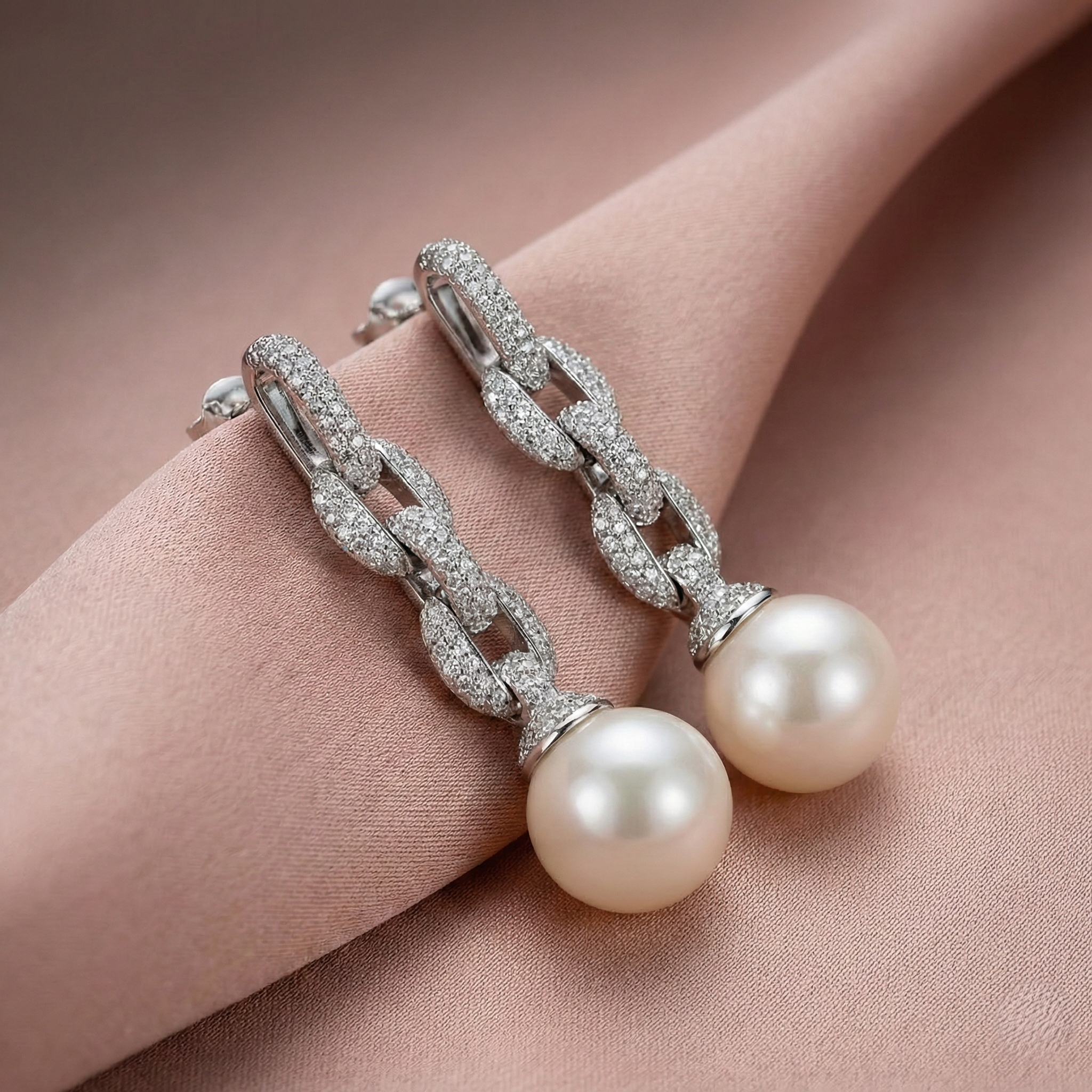 925 Sterling Silver Pave Link Pearl Drop Earrings Bridal Jewellery for Women