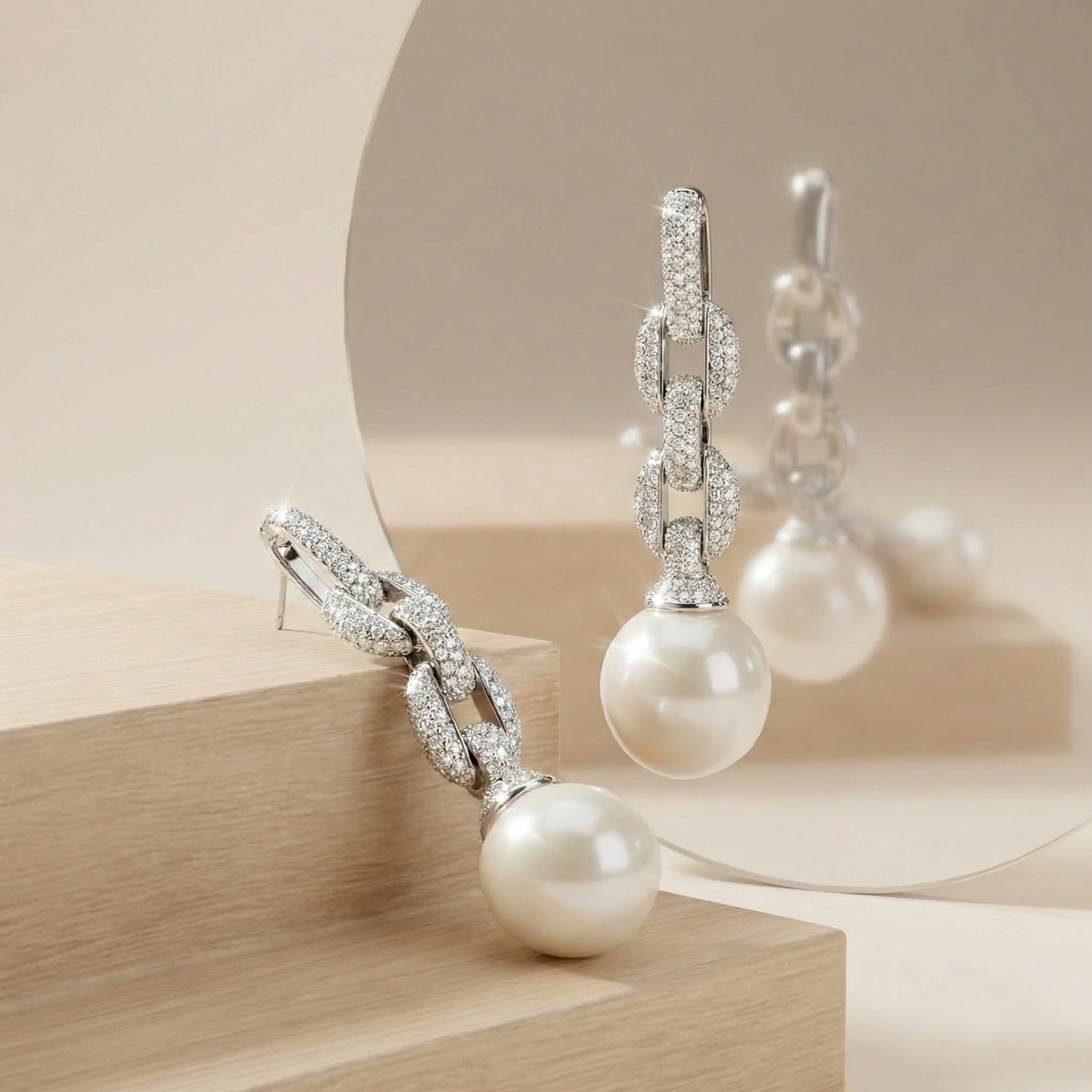 925 Sterling Silver Pave Link Pearl Drop Earrings Bridal Jewellery for Women