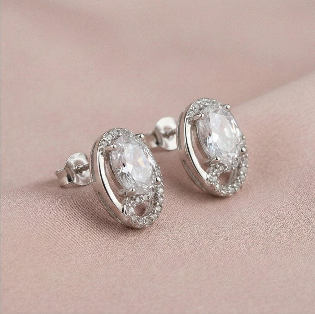 925 Sterling Silver Oval Solitaire Swirl Stud Earrings Romantic Jewellery for Women