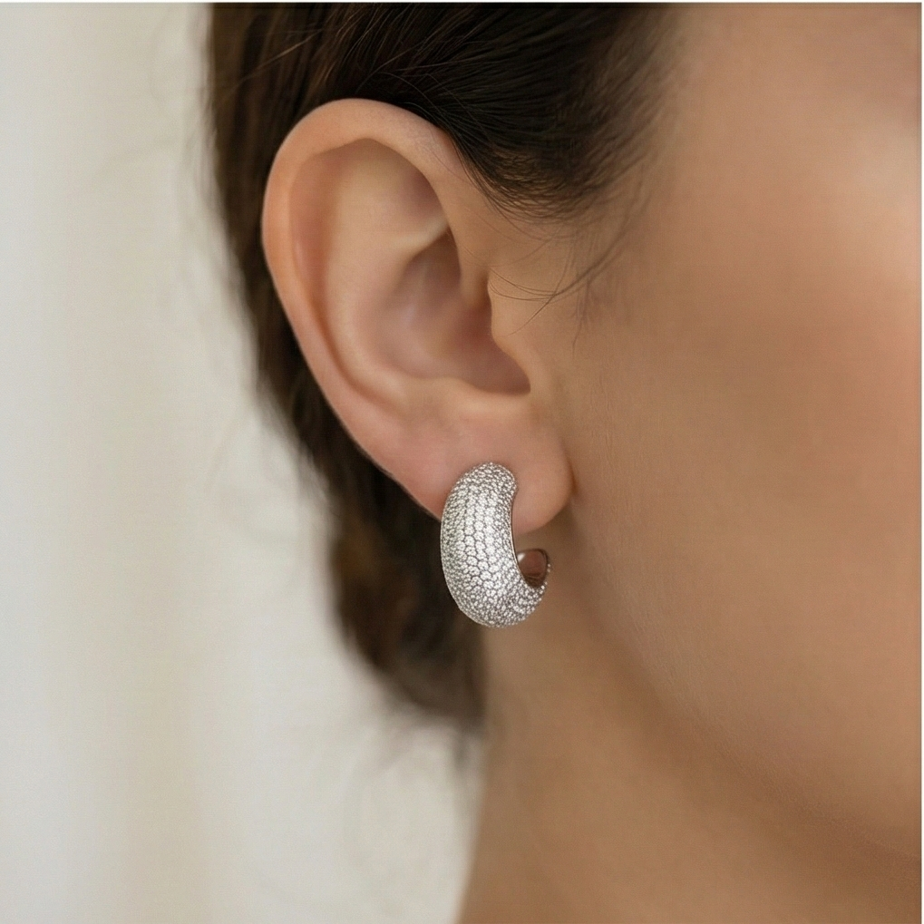 925 Sterling Silver Pave Set Chunky C-Hoop Earrings Statement Jewellery for Women High Polish Silver Finish