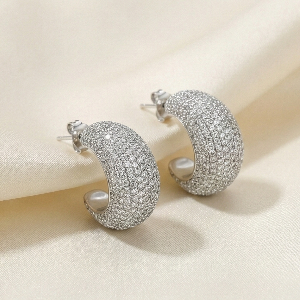 925 Sterling Silver Pave Set Chunky C-Hoop Earrings Statement Jewellery for Women High Polish Silver Finish