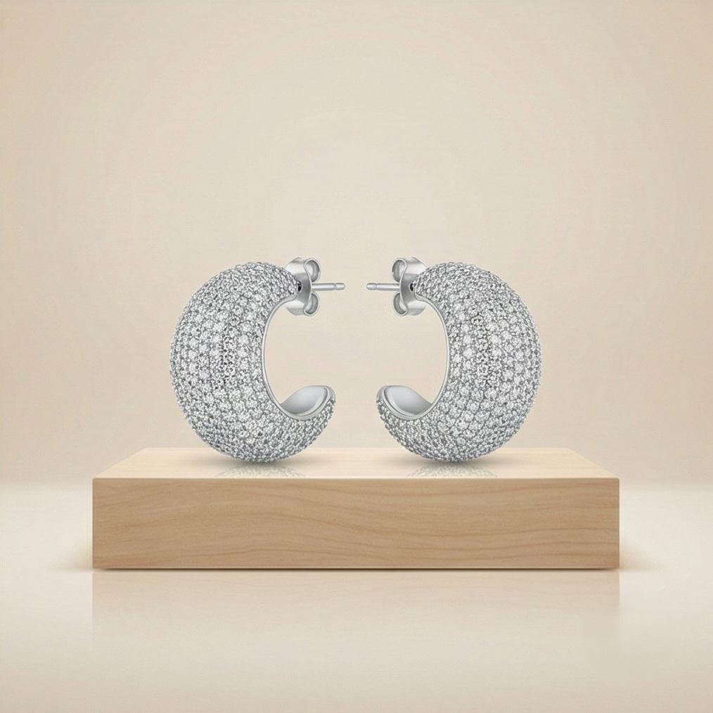 925 Sterling Silver Pave Set Chunky C-Hoop Earrings Statement Jewellery for Women High Polish Silver Finish