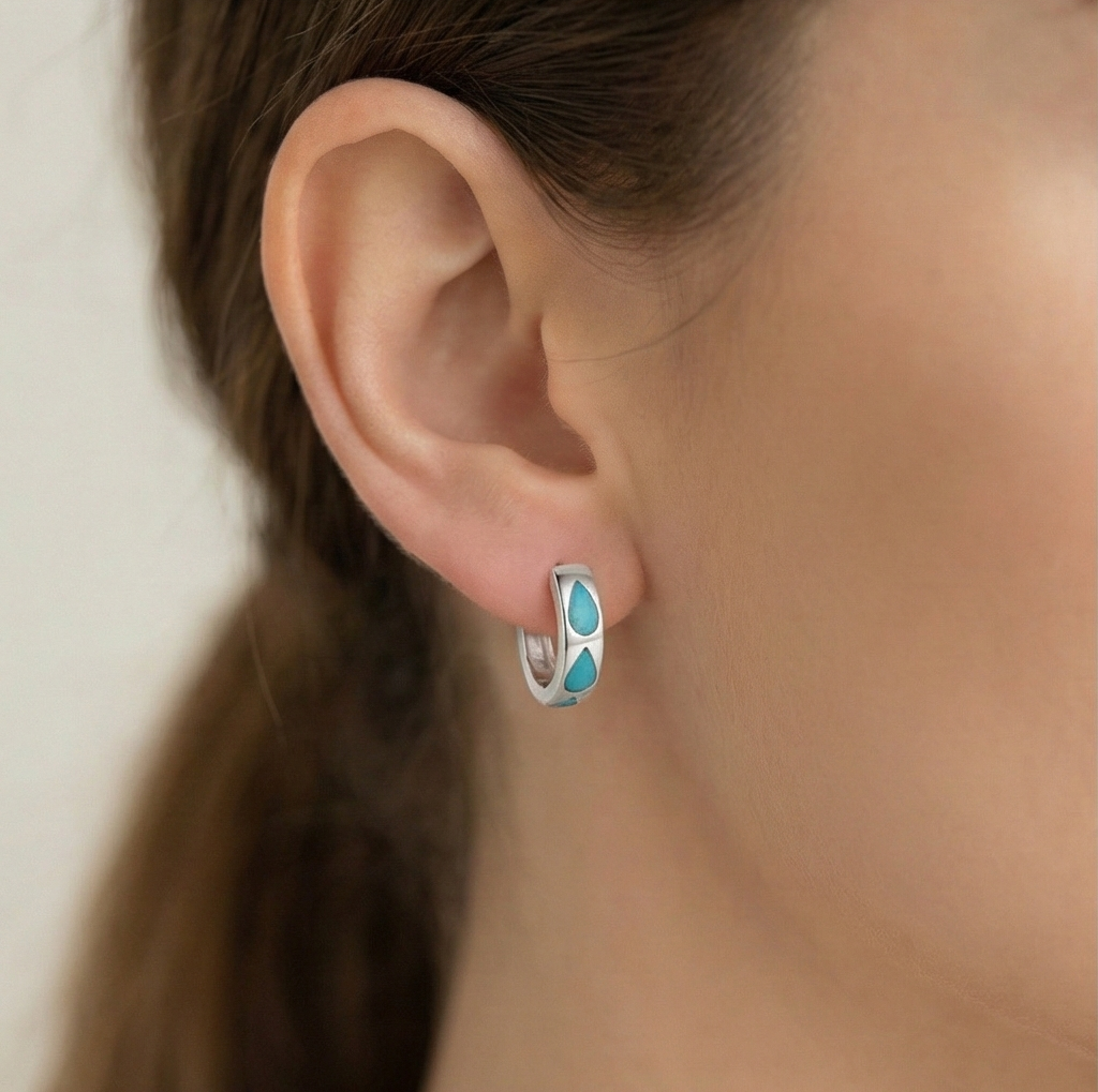 925 Sterling Silver Turquoise MOP Teardrop Huggie Hoop Earrings Minimalist Jewellery for Women