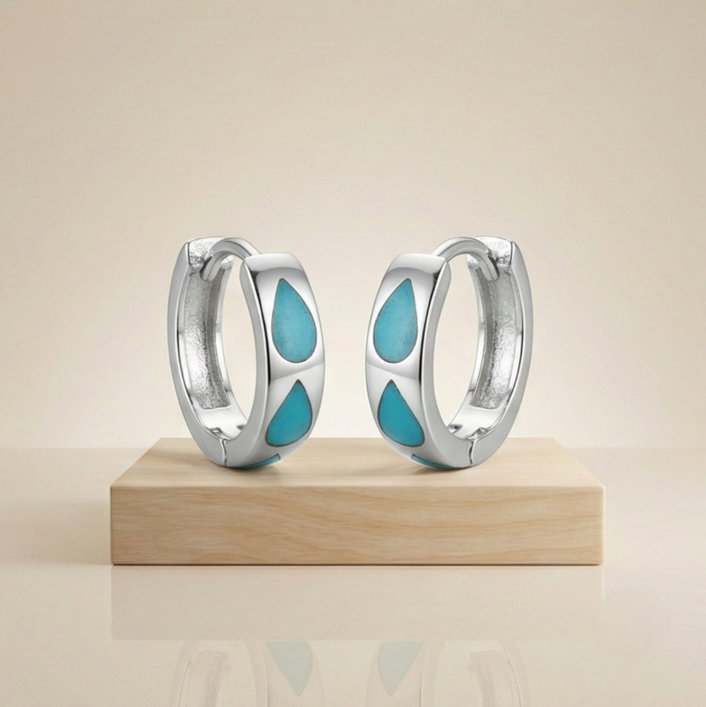 925 Sterling Silver Turquoise MOP Teardrop Huggie Hoop Earrings Minimalist Jewellery for Women