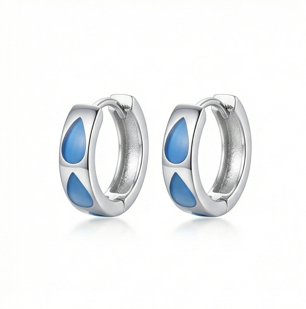 925 Sterling Silver Blue Teardrop MOP Inlay Huggie Hoop Earrings Modern Jewellery for Women