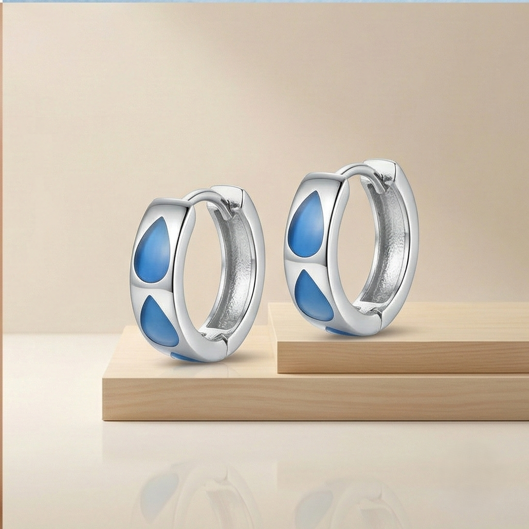 925 Sterling Silver Blue Teardrop MOP Inlay Huggie Hoop Earrings Modern Jewellery for Women