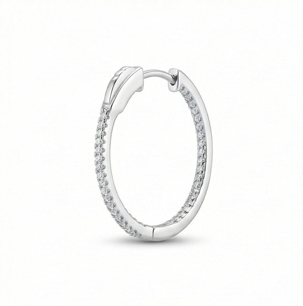 925 Sterling Silver Inside-Out Pave Oval Hoop Earrings Classic Jewellery for Women