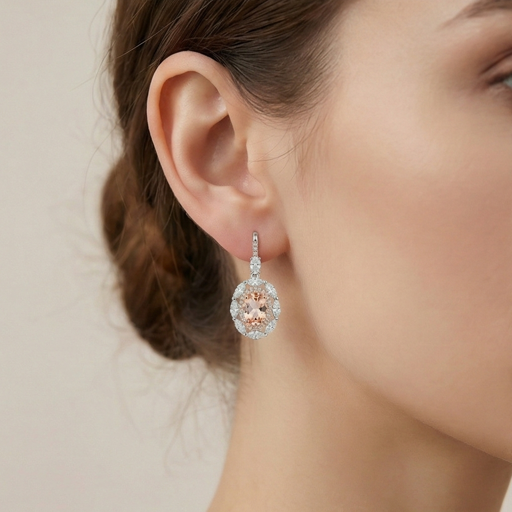 925 Sterling Silver Champagne Oval Stone Halo Drop Earrings Vintage Style Jewellery for Women