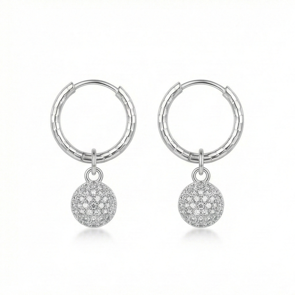 925 Sterling Silver Pave Ball Charm Hoop Earrings Minimalist Jewellery for Women