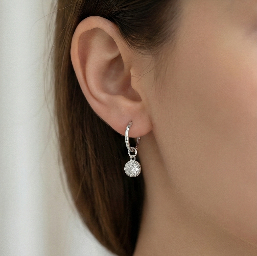 925 Sterling Silver Pave Ball Charm Hoop Earrings Minimalist Jewellery for Women