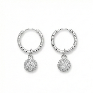 925 Sterling Silver Pave Ball Charm Hoop Earrings Minimalist Jewellery for Women