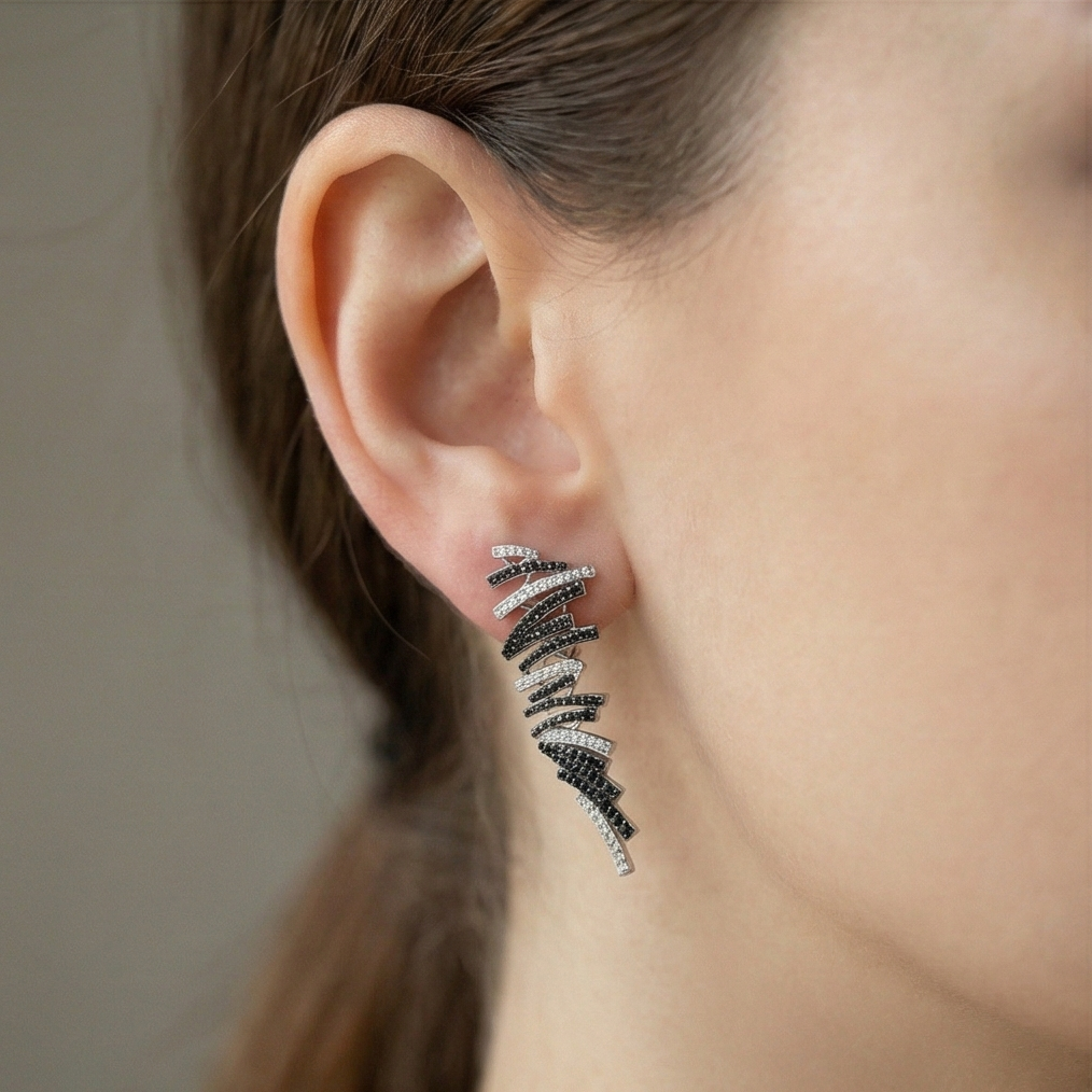 925 Sterling Silver Abstract Monochrome Ribbon Earrings Designer Jewellery for Women