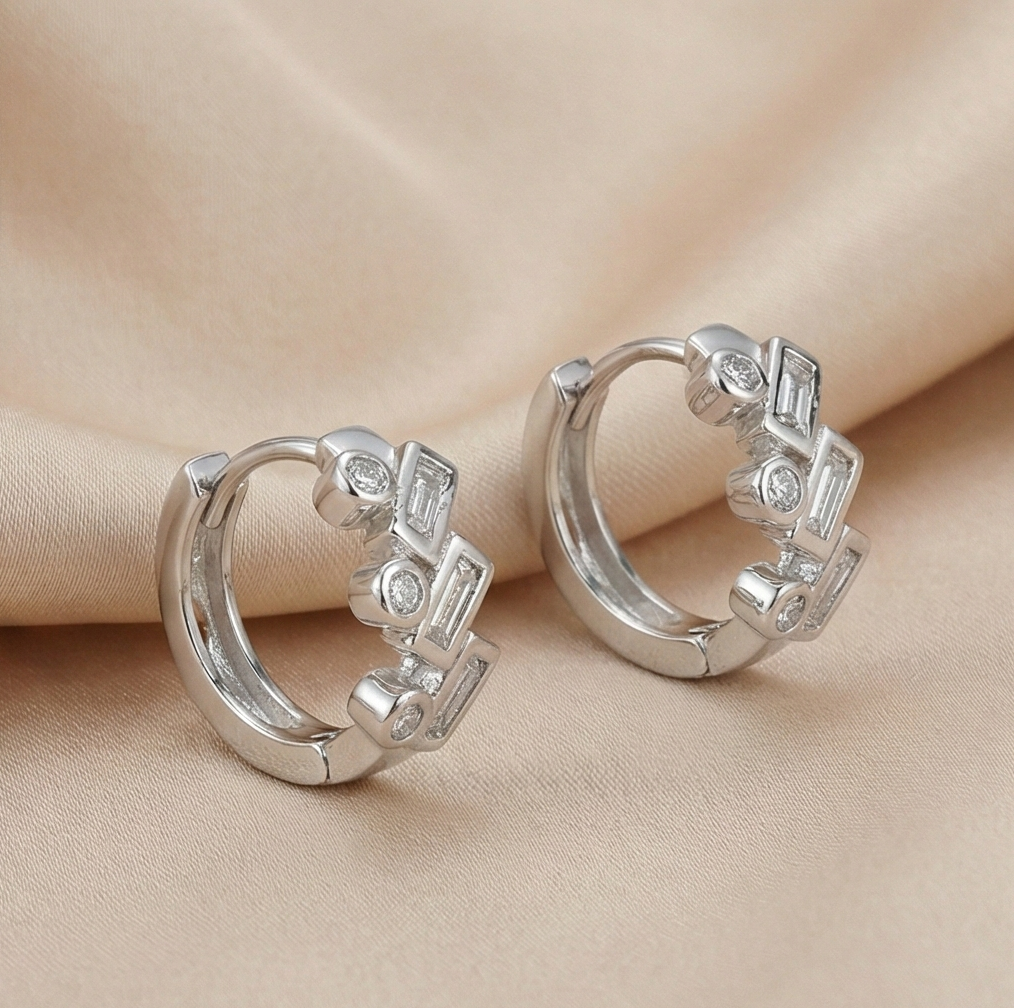 925 Sterling Silver Geometric Baguette Huggie Hoop Earrings Trendy Jewellery for Women