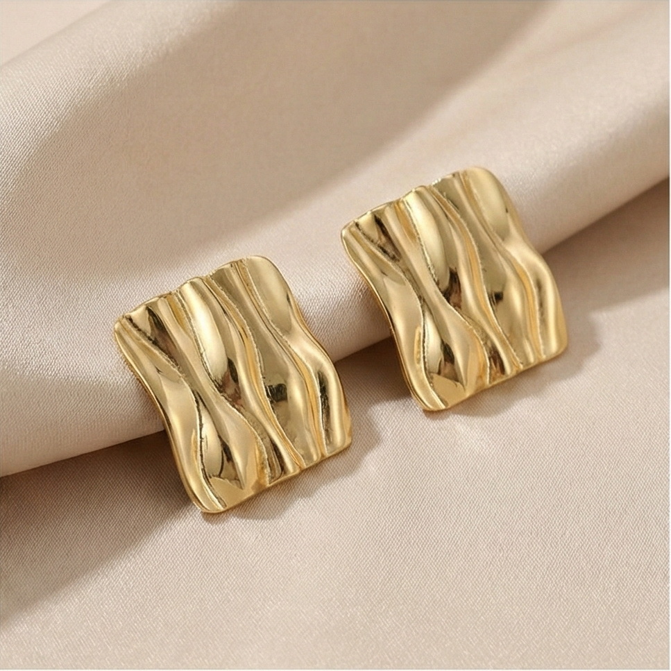 925 Sterling Silver Liquid Wave Square Stud Earrings in Gold Finish Women's Jewellery