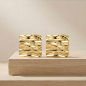925 Sterling Silver Liquid Wave Square Stud Earrings in Gold Finish Women's Jewellery