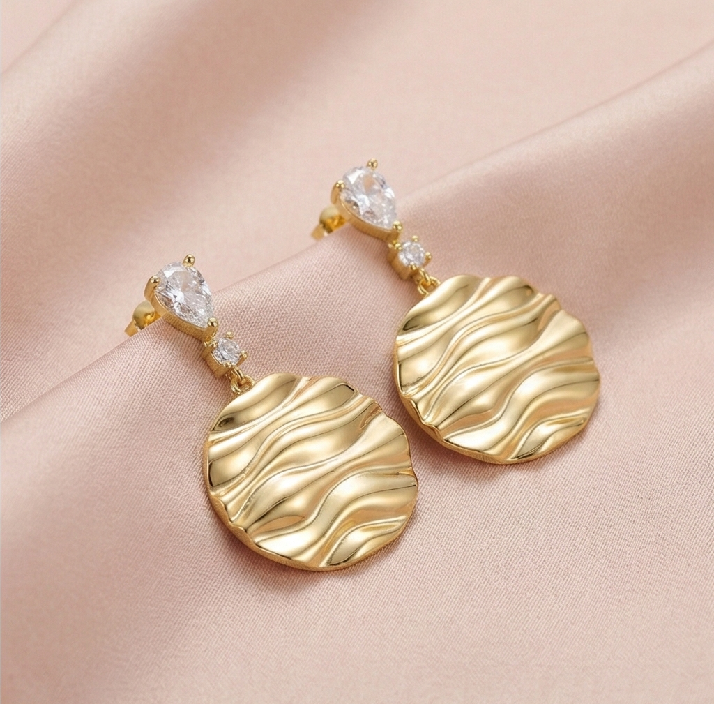 925 Sterling Silver Wavy Disc Drop Earrings in Gold Finish Women's Jewellery