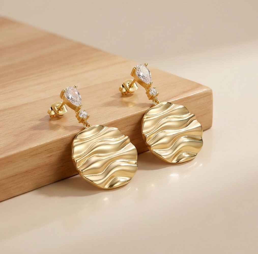 925 Sterling Silver Wavy Disc Drop Earrings in Gold Finish Women's Jewellery