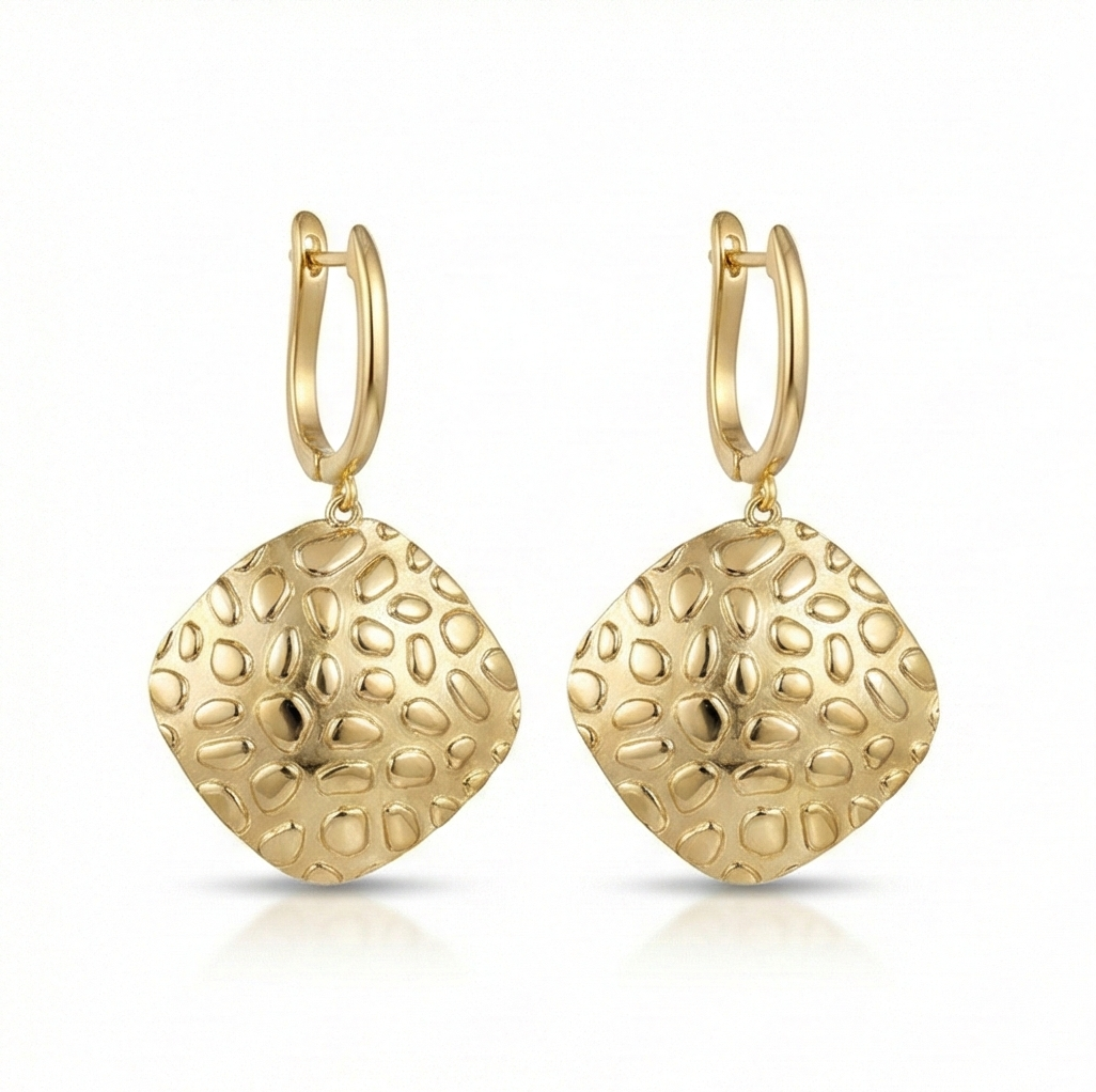 925 Sterling Silver Hammered Rhombus Drop Earrings in Gold Finish Women's Jewellery