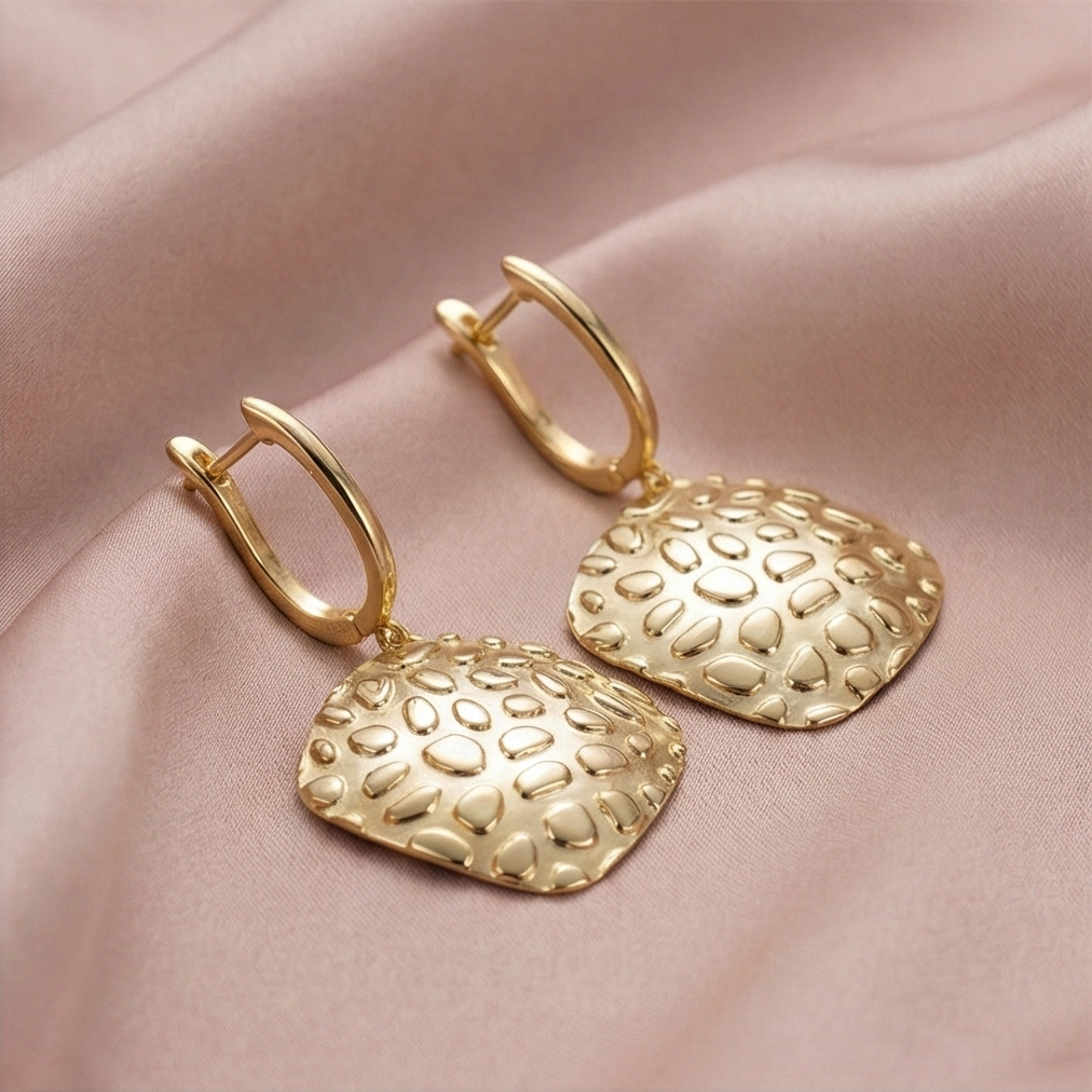 925 Sterling Silver Hammered Rhombus Drop Earrings in Gold Finish Women's Jewellery